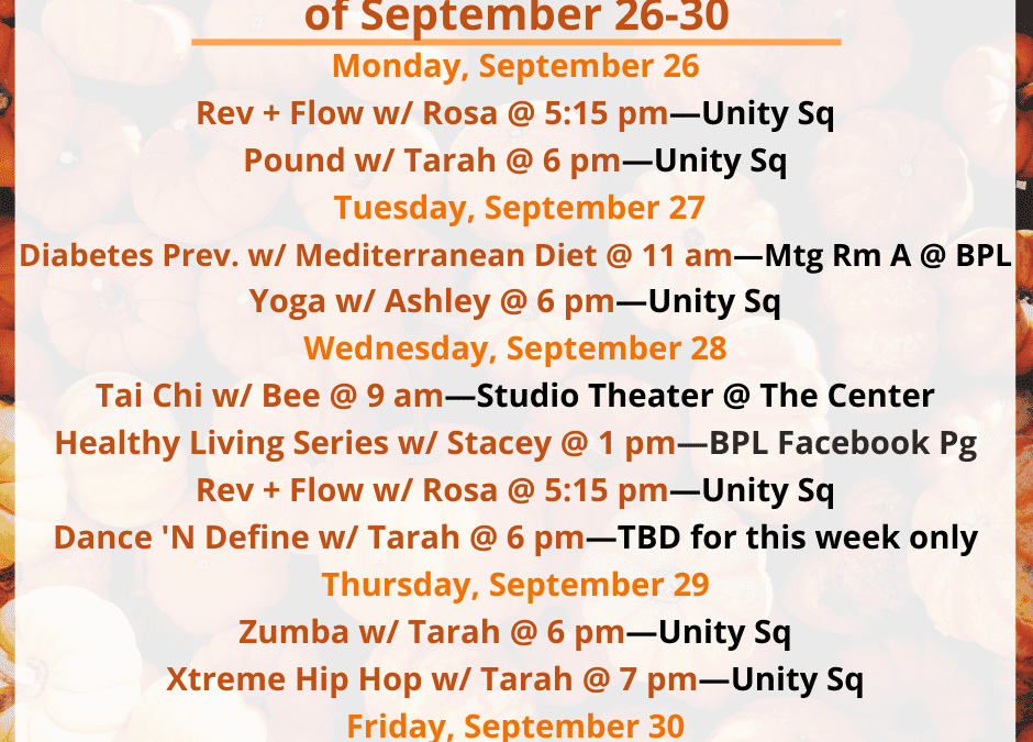 Health, Fitness, & Wellness At a Glance for the Week of September 26-30