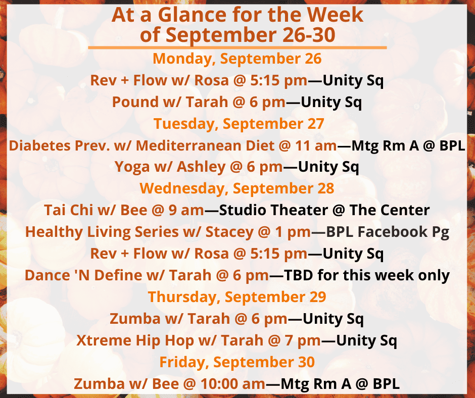 Health, Fitness, & Wellness At a Glance for the Week of September 26-30