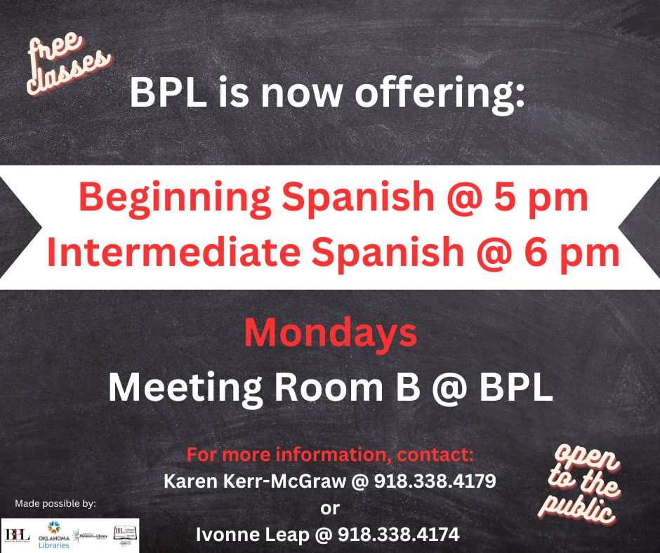 New Spanish Classes start today! Beginning Spanish @ 5 pm & Intermediate @ 6 pm
