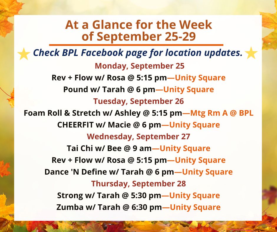 Health, Fitness, & Wellness At a Glance for the Week of September 25-29