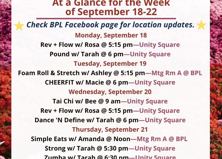 Health, Fitness, & Wellness At a Glance for the Week of September 18-22