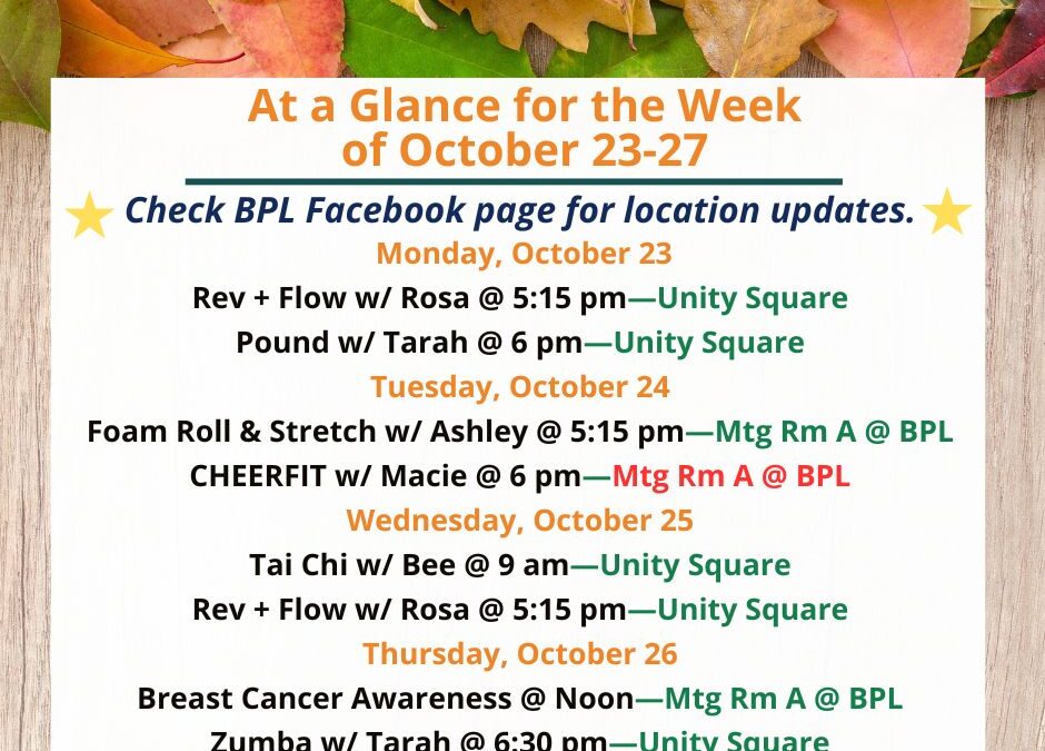 Health, Fitness, & Wellness At a Glance for the Week of October 23-27
