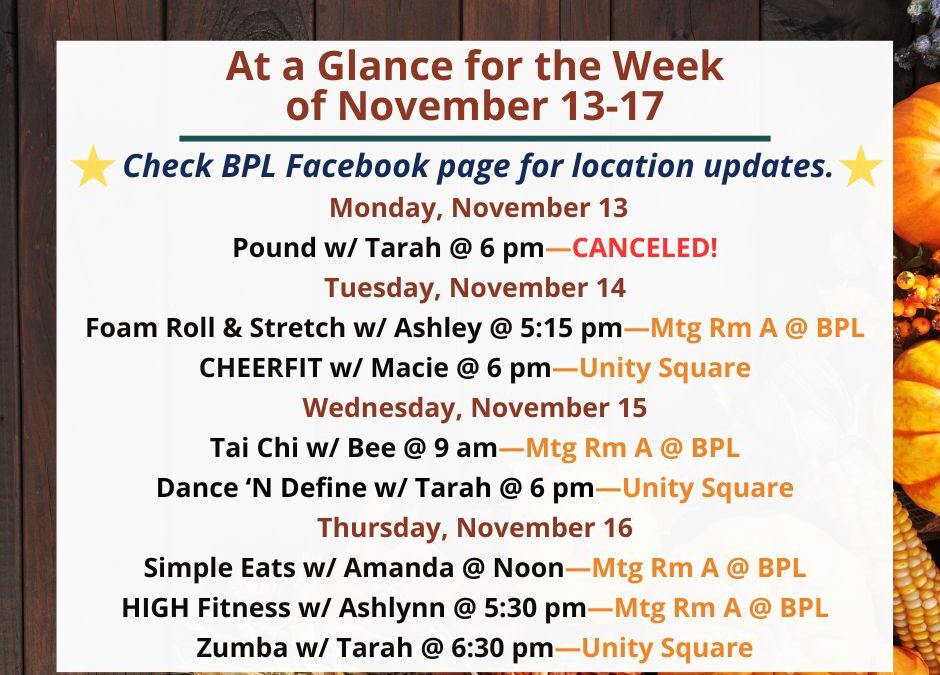 Health, Fitness, & Wellness At a Glance for the Week of November 13-17