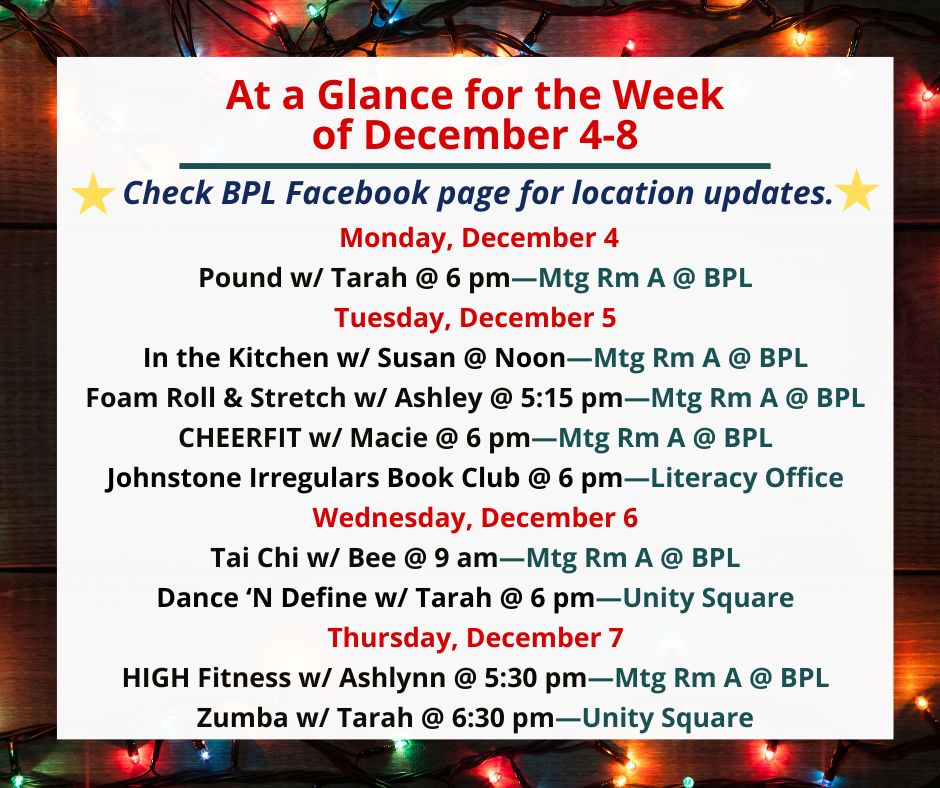 Health, Fitness, & Wellness At a Glance for the Week of December 4-8