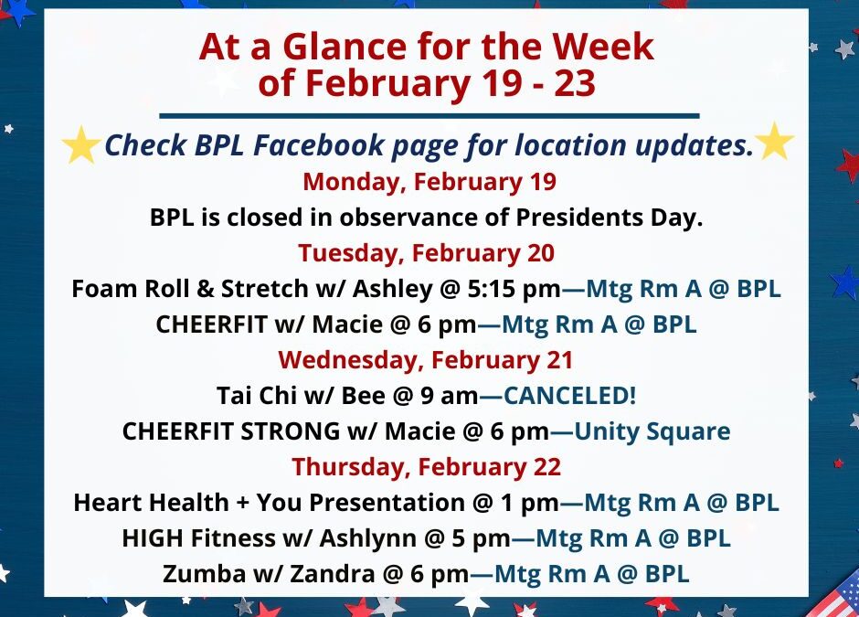 Health, Fitness, & Wellness At a Glance for the Week of February 19-23