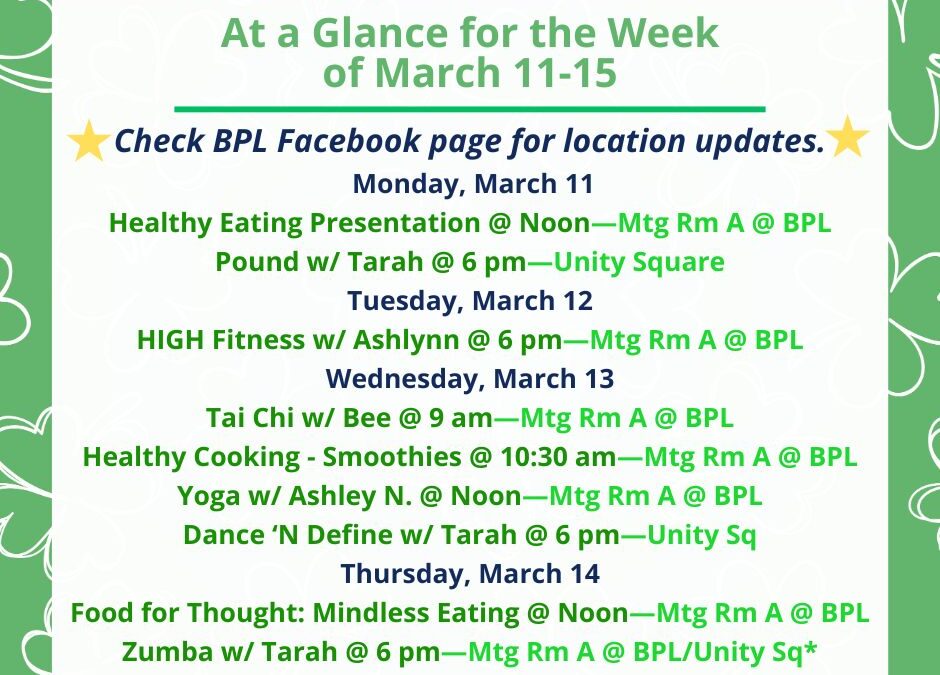 Health, Fitness, & Wellness At a Glance for the Week of March 11-15