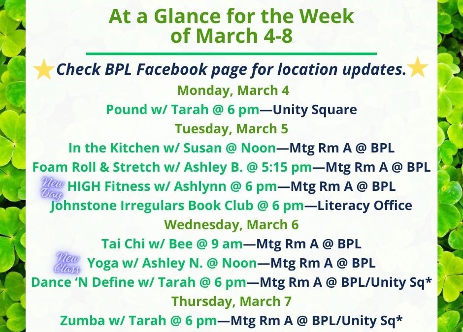Health, Fitness, & Wellness At a Glance for the Week of March 4-8