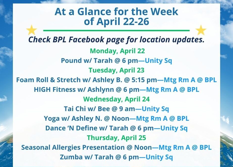 Health, Fitness, & Wellness At a Glance for the Week of April 22-26