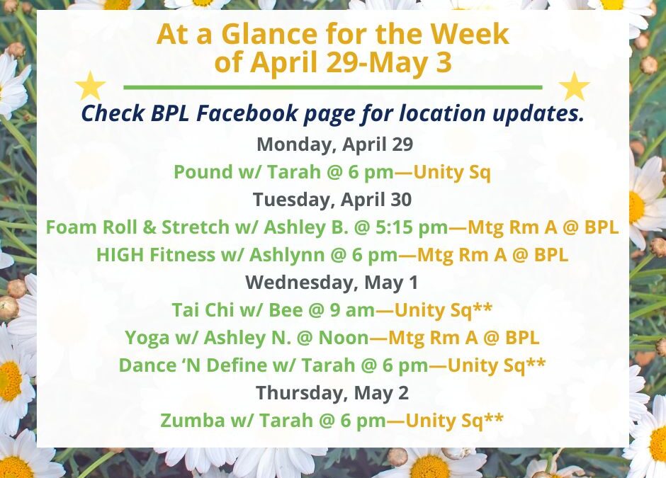 Health, Fitness, & Wellness At a Glance for the Week of April 29-May 3
