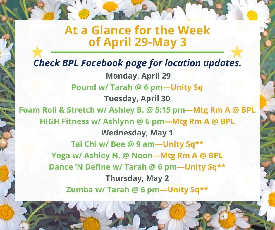 Health, Fitness, & Wellness At a Glance for the Week of April 29-May 3