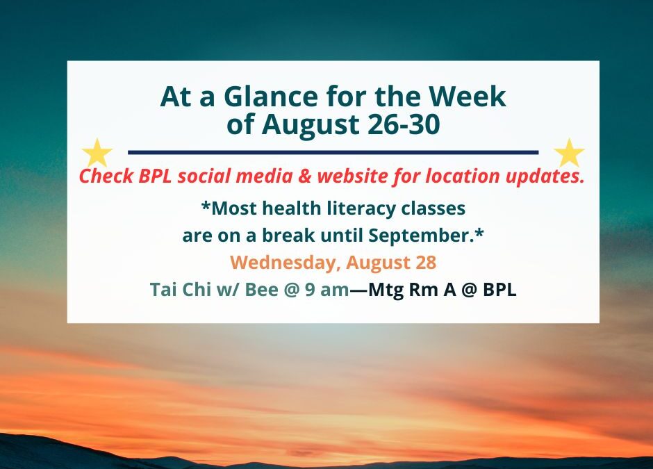 Health, Fitness, & Wellness At a Glance for the Week of August 26-30
