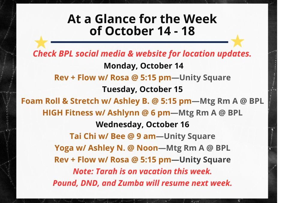 Health, Fitness, & Wellness At a Glance for the Week of October 14-18
