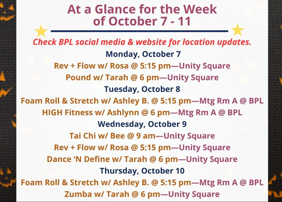 Health, Fitness, & Wellness At a Glance for the Week of October 7-11