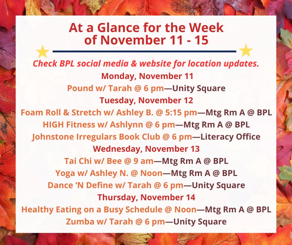 Health, Fitness, & Wellness At a Glance for the Week of November 11-15