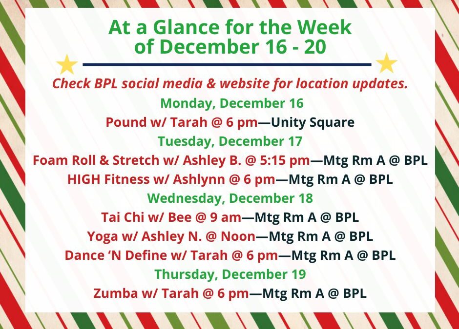 Health, Fitness, & Wellness At a Glance for the Week of December 16-20