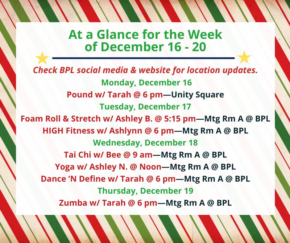 Health, Fitness, & Wellness At a Glance for the Week of December 16-20