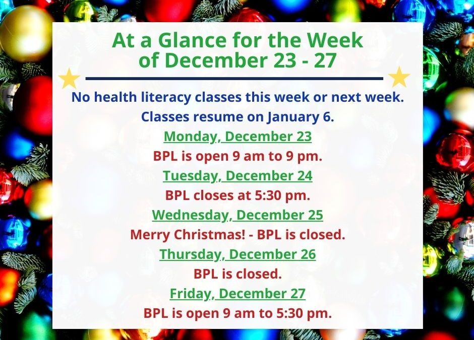 Health, Fitness, & Wellness At a Glance for the Week of December 23-27