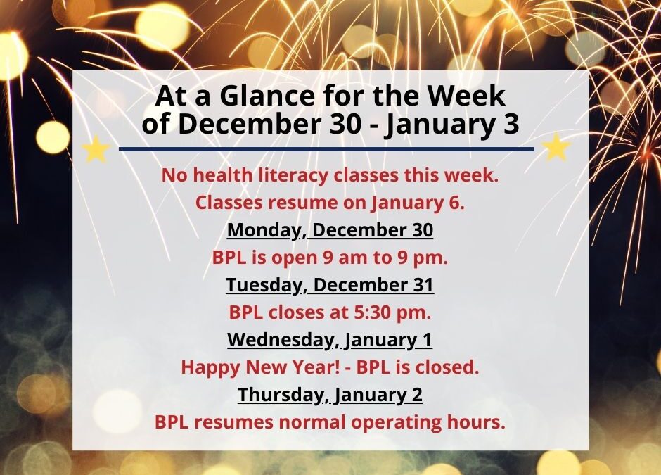 Health, Fitness, & Wellness At a Glance for the Week of December 30-January 3