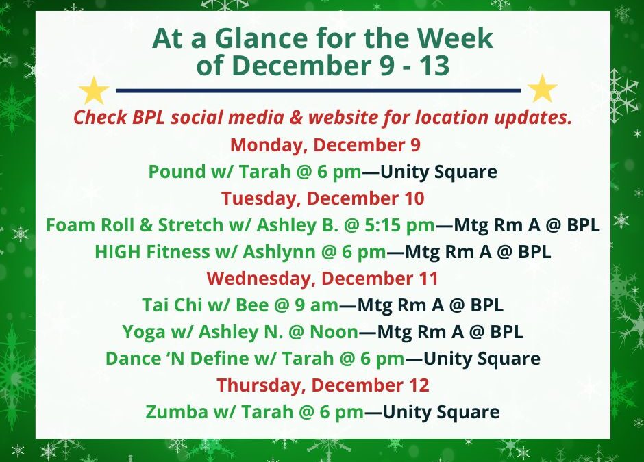 Health, Fitness, & Wellness At a Glance for the Week of December 9-13