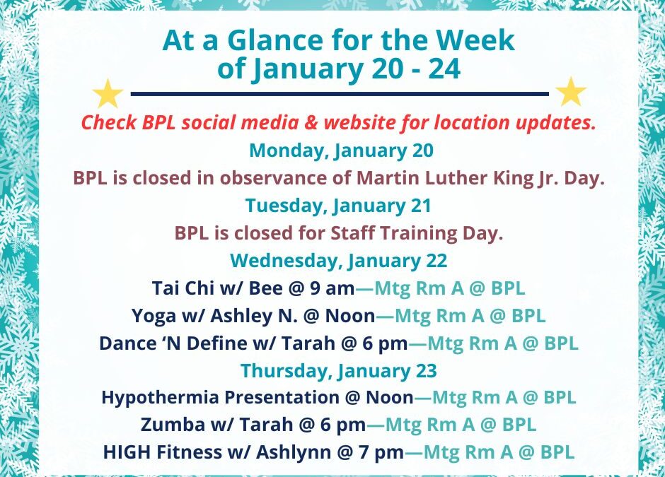 Health, Fitness, & Wellness At a Glance for the Week of January 20-24