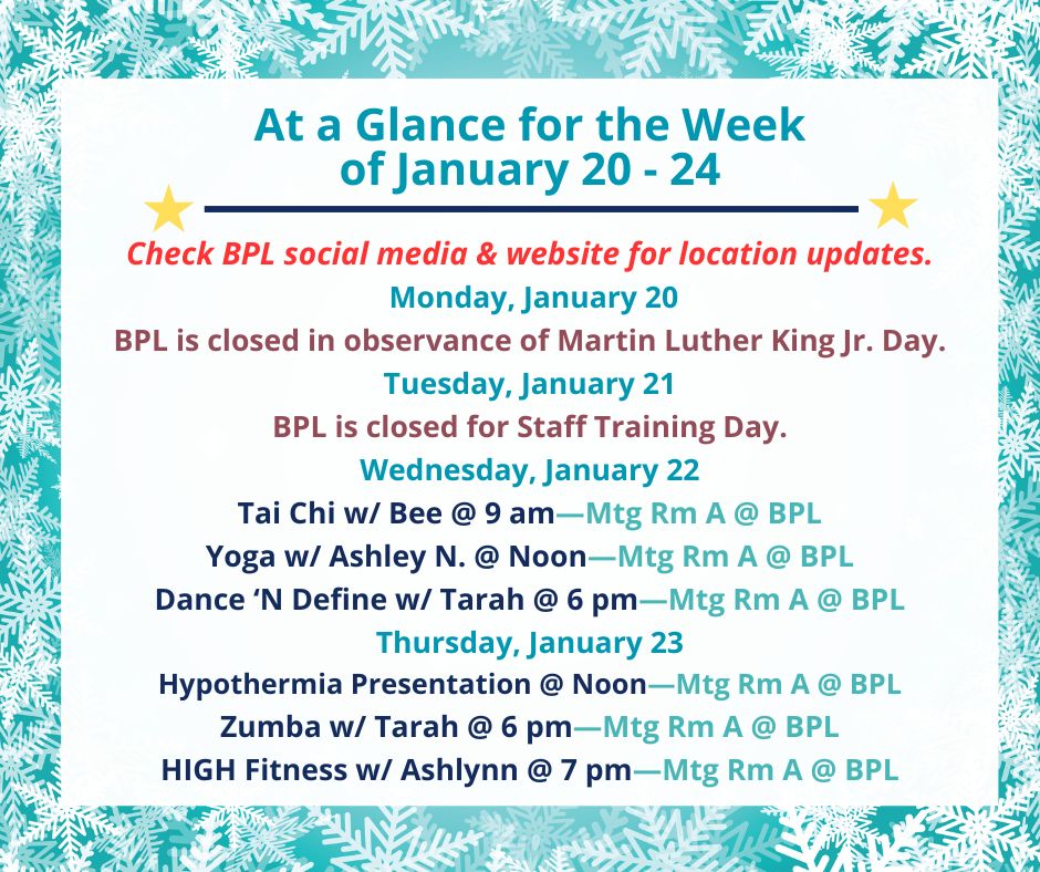 Health, Fitness, & Wellness At a Glance for the Week of January 20-24