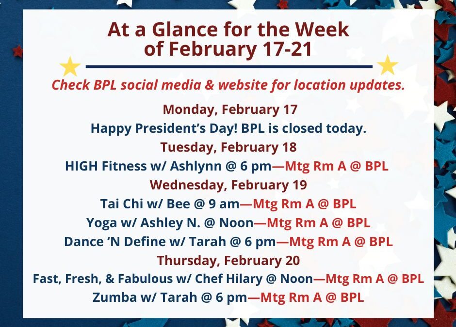 Health, Fitness, & Wellness At a Glance for the Week of February 17-21