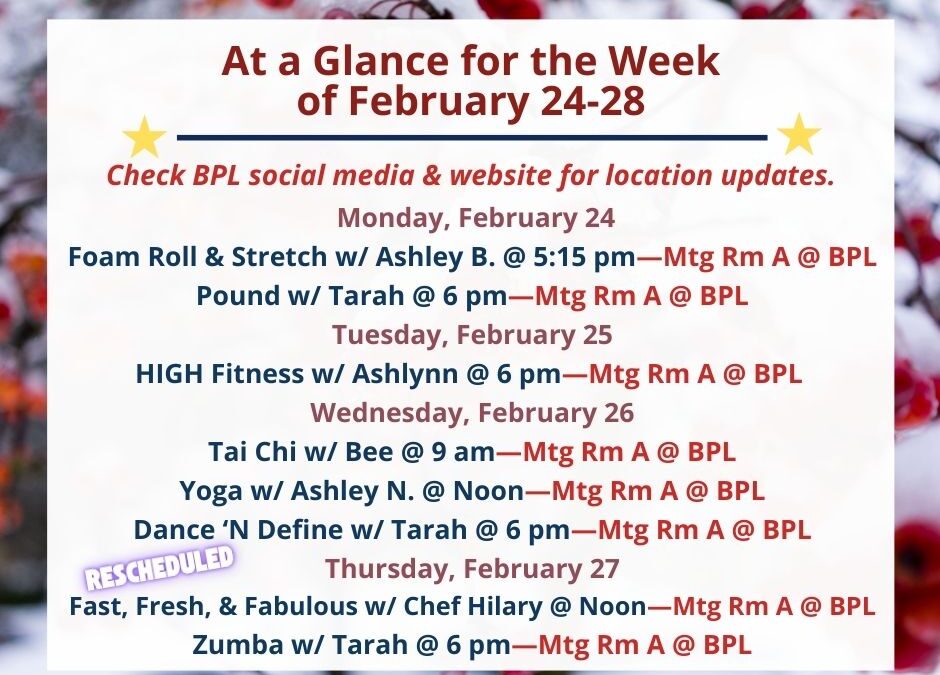 Health, Fitness, & Wellness At a Glance for the Week of February 24-28
