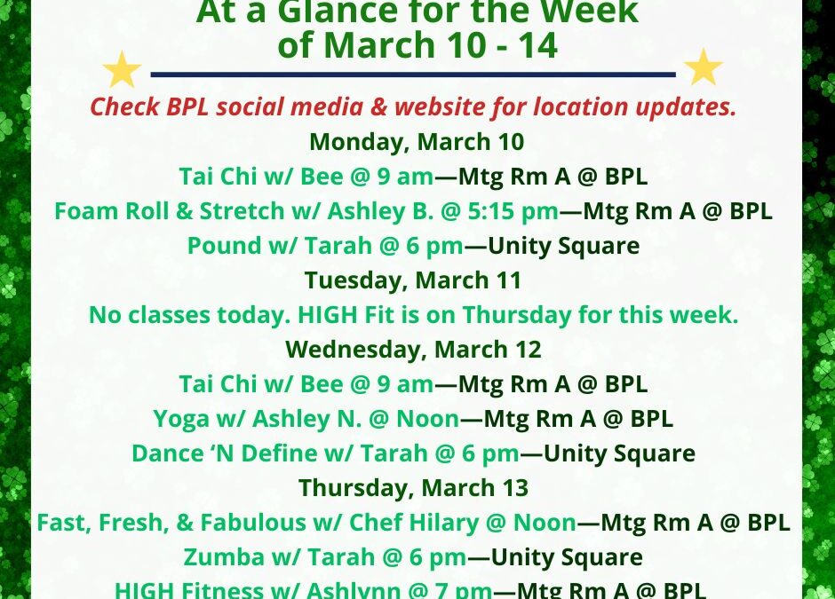Health, Fitness, & Wellness At a Glance for the Week of March 10-14