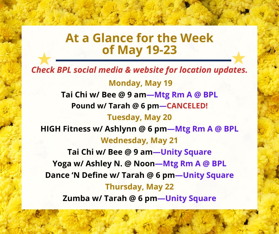 Health, Fitness, & Wellness At a Glance for the Week of May 19-23