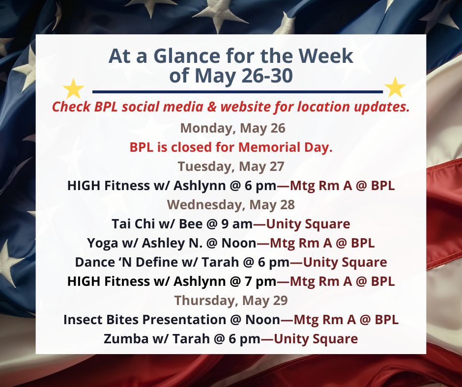 Health, Fitness, & Wellness At a Glance for the Week of May 26-30