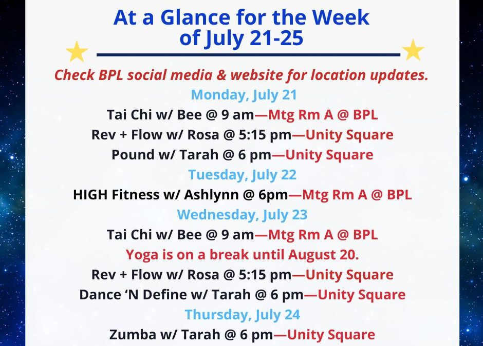Health, Fitness, & Wellness At a Glance for the Week of July 21-25