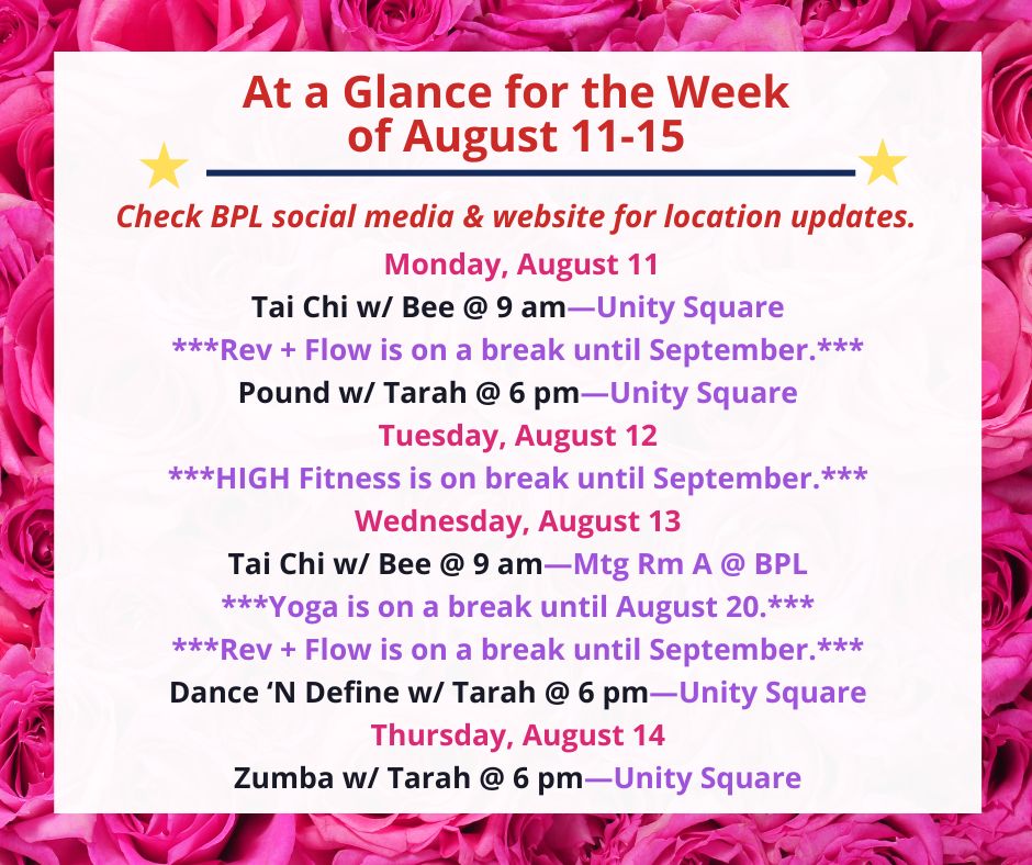 Health, Fitness, & Wellness At a Glance for the Week of August 11-15