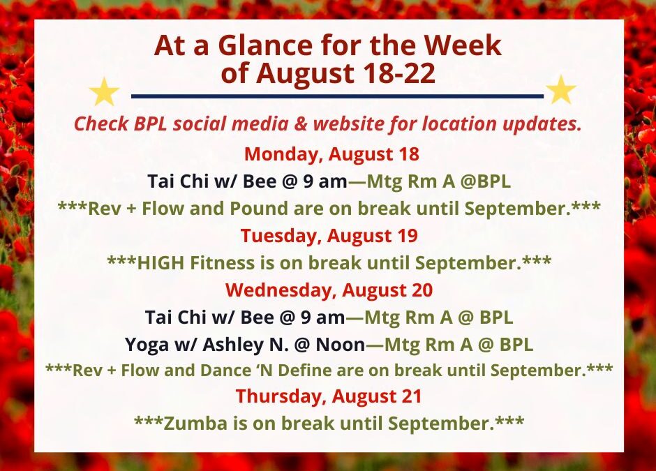 Health, Fitness, & Wellness At a Glance for the Week of August 18-22