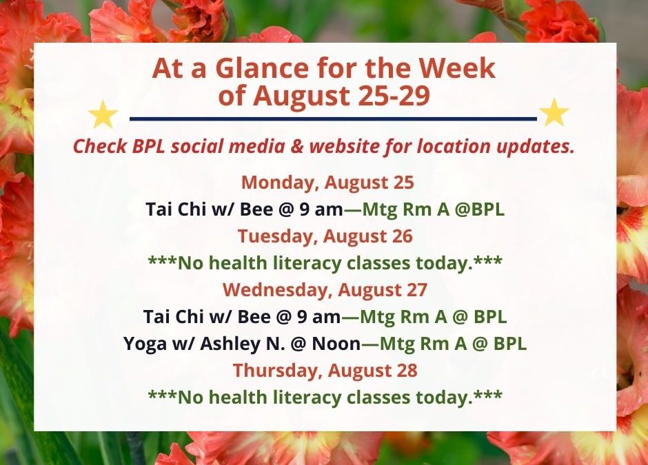 Health, Fitness, & Wellness At a Glance for the Week of 25-29
