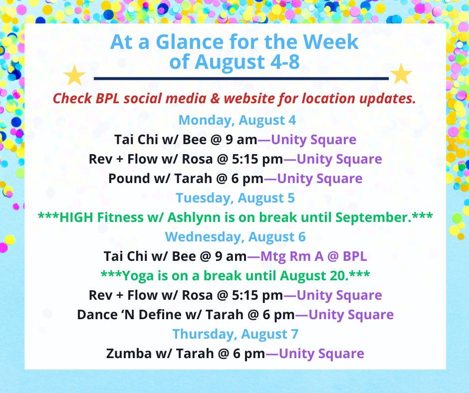 Health, Fitness, & Wellness At a Glance for the Week of August 4-8
