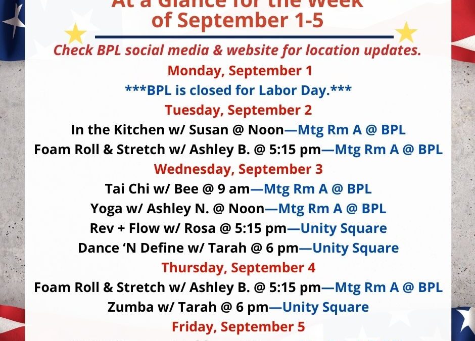 Health, Fitness, & Wellness At a Glance for the Week of September 1-5