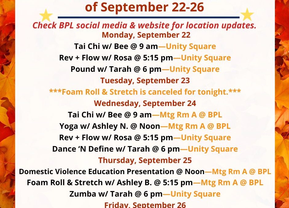 Health, Fitness, & Wellness At a Glance for the Week of September 22-26