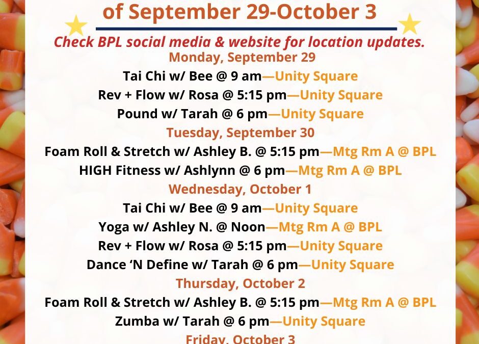 Health, Fitness, & Wellness At a Glance for the Week of September 29-October 3