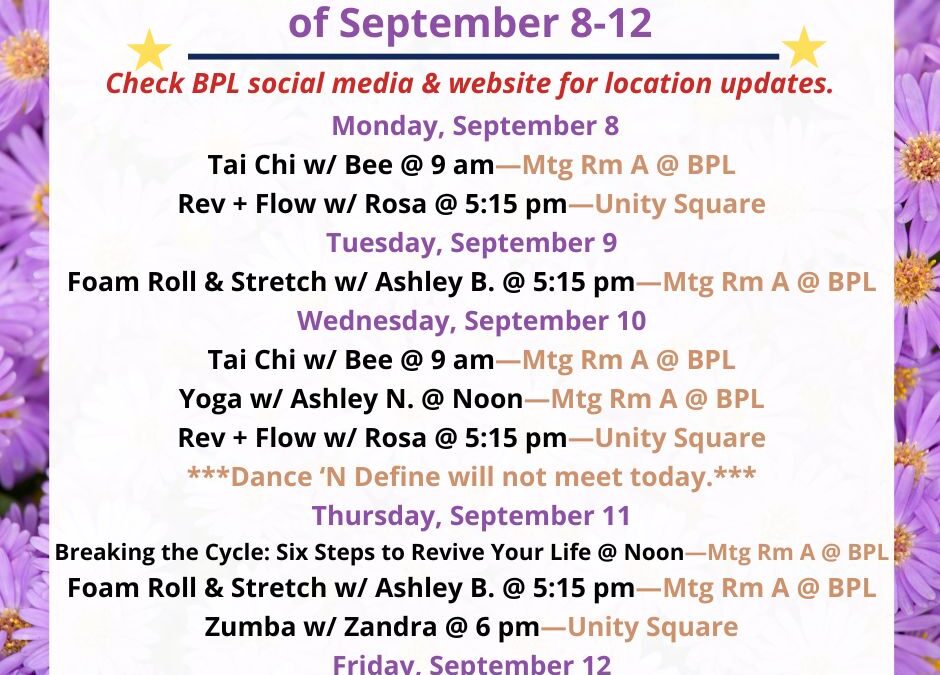 Health, Fitness, & Wellness At a Glance for the Week of September 8-12