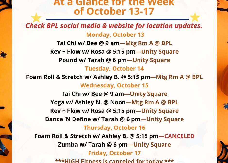 Health, Fitness, & Wellness At a Glance for the Week of October 13-17