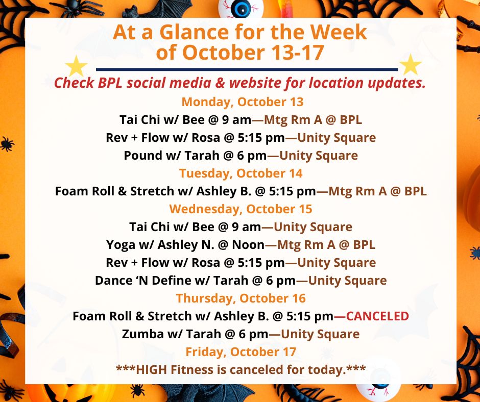 Health, Fitness, & Wellness At a Glance for the Week of October 13-17