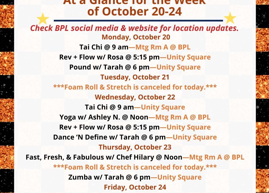 Health, Fitness, & Wellness At a Glance for the Week of October 20-24