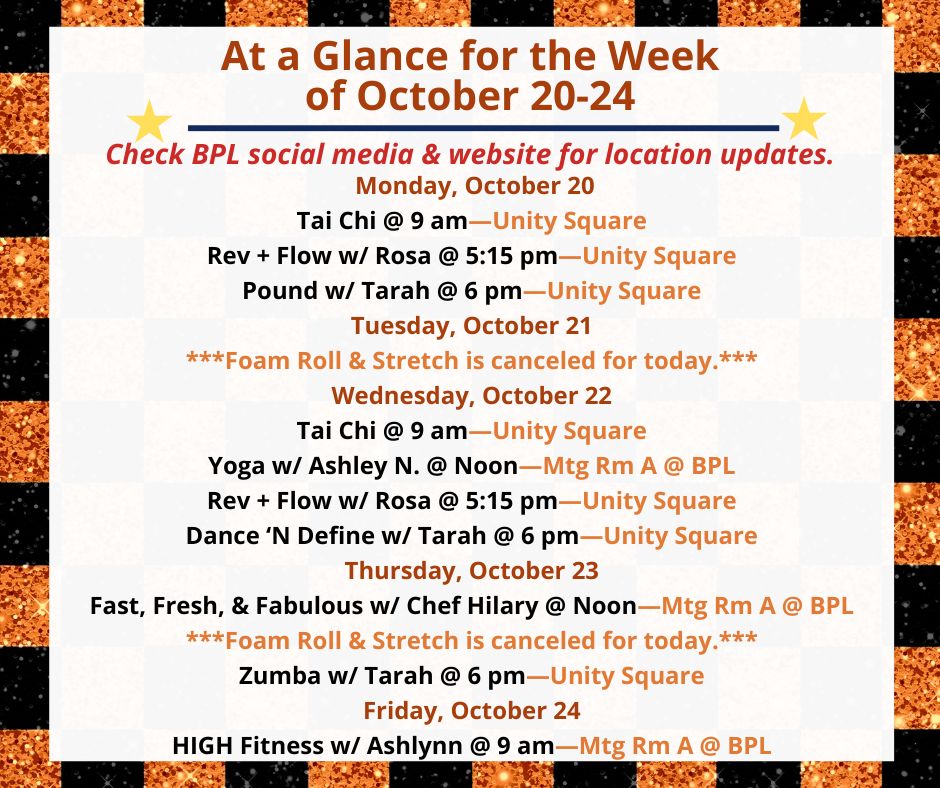 Health, Fitness, & Wellness At a Glance for the Week of October 20-24