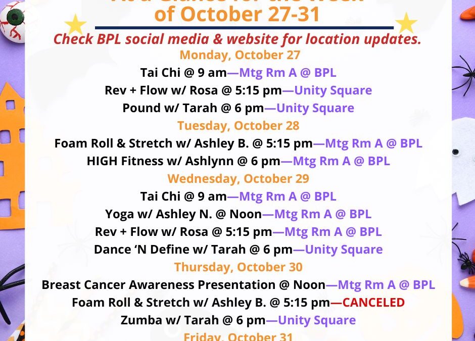 Health, Fitness, & Wellness At a Glance for the Week of October 27-31