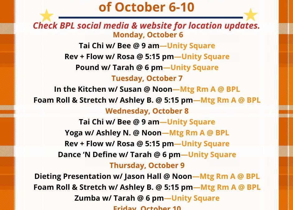 Health, Fitness, & Wellness At a Glance for the Week of October 6-10
