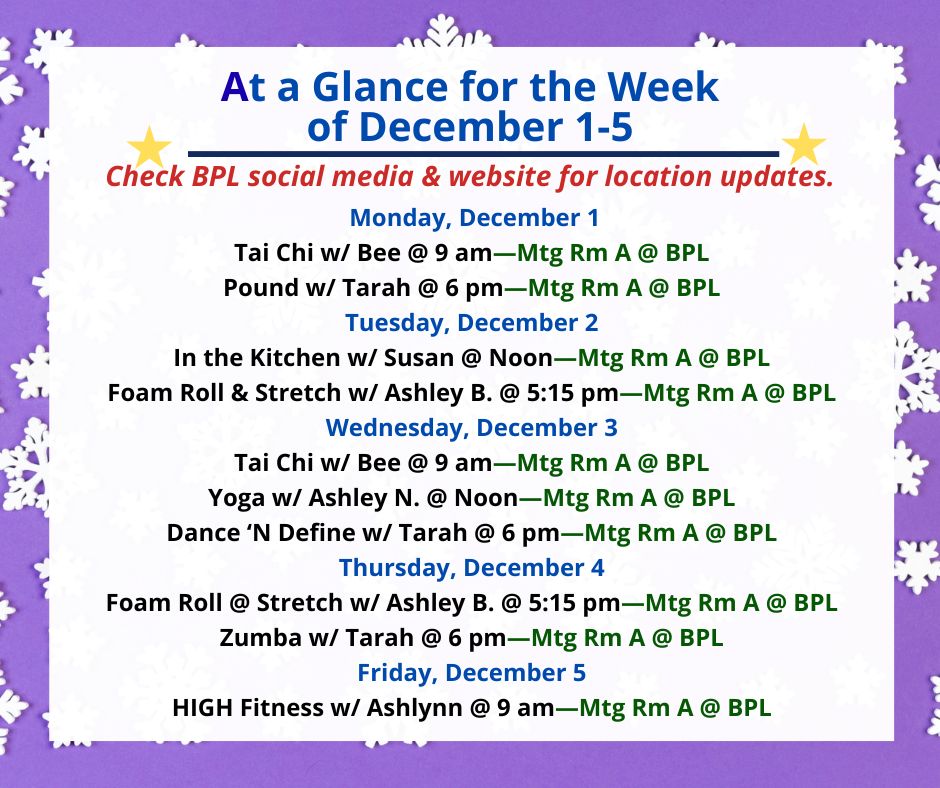 Health, Fitness, & Wellness At a Glance for the Week of December 1-5