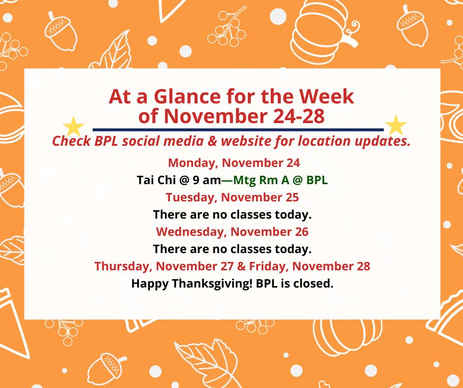 Health, Fitness, & Wellness At a Glance for the Week of November 24-28