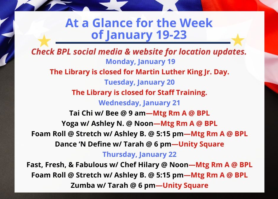 Health, Fitness, & Wellness At a Glance for the Week of January 19-23