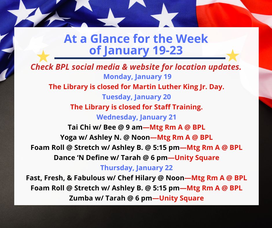 Health, Fitness, & Wellness At a Glance for the Week of January 19-23