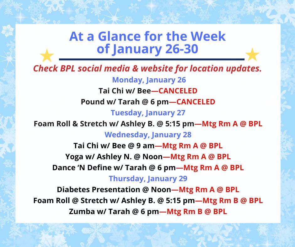 Health, Fitness, & Wellness At a Glance for the Week of January 26-30